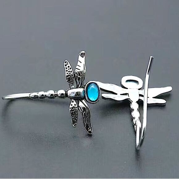 Silver Dragonfly Moonstone Hook Boho Vintage Earrings - Picture 2 of 5